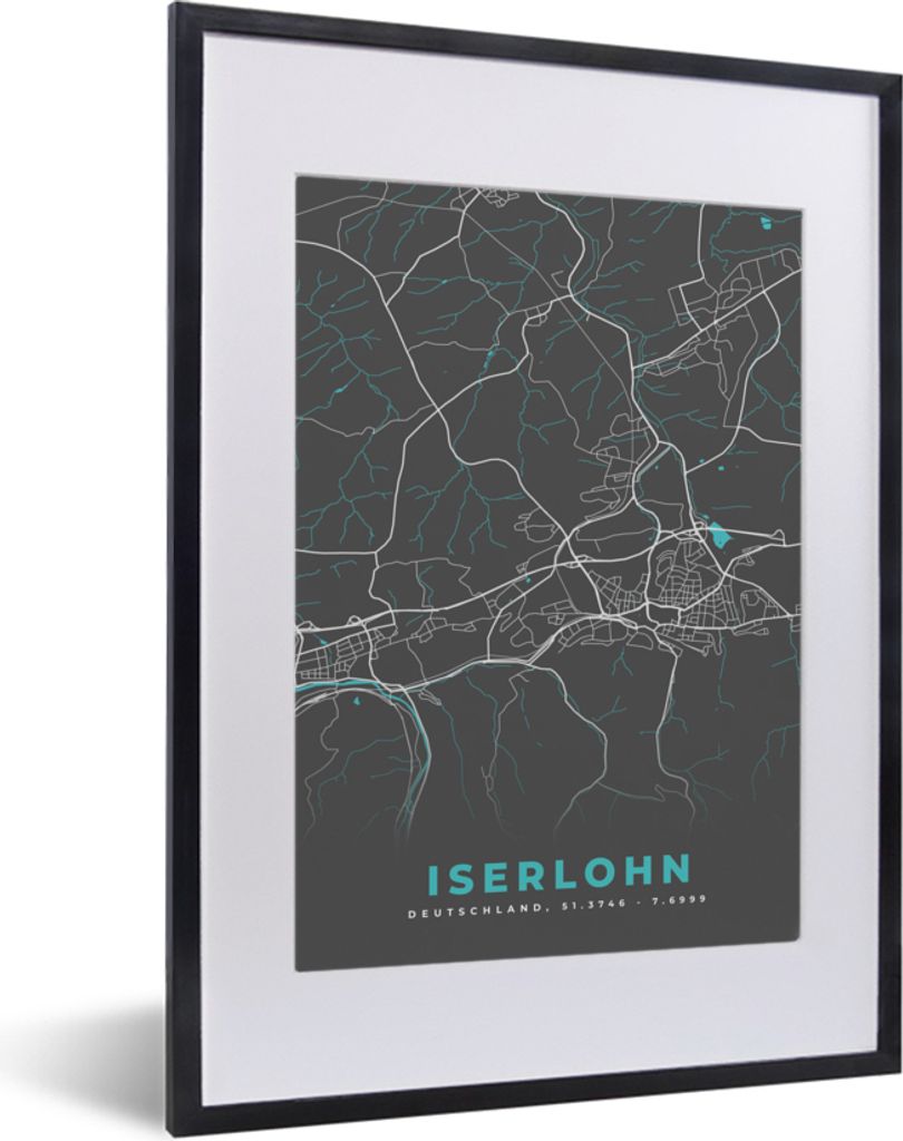 MuchoWow Gerahmtes Poster Deutschland - Blau - Iserlohn - Stadtplan - Karte 30x40 cm - Poster mit Schwarzem Bilderrahmen Wandposter Rahmen Foto B...