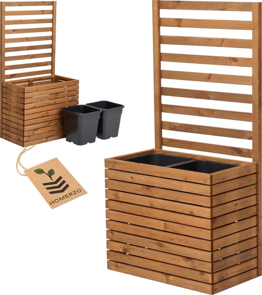 Pflanzkübel mit Rankgitter Spalier mit Pflanzkasten Blumenkasten aus Holz Hochbeet mit 2x18L Pflanzeneinsatz (horizontal-braun, 67x36x55 H132)