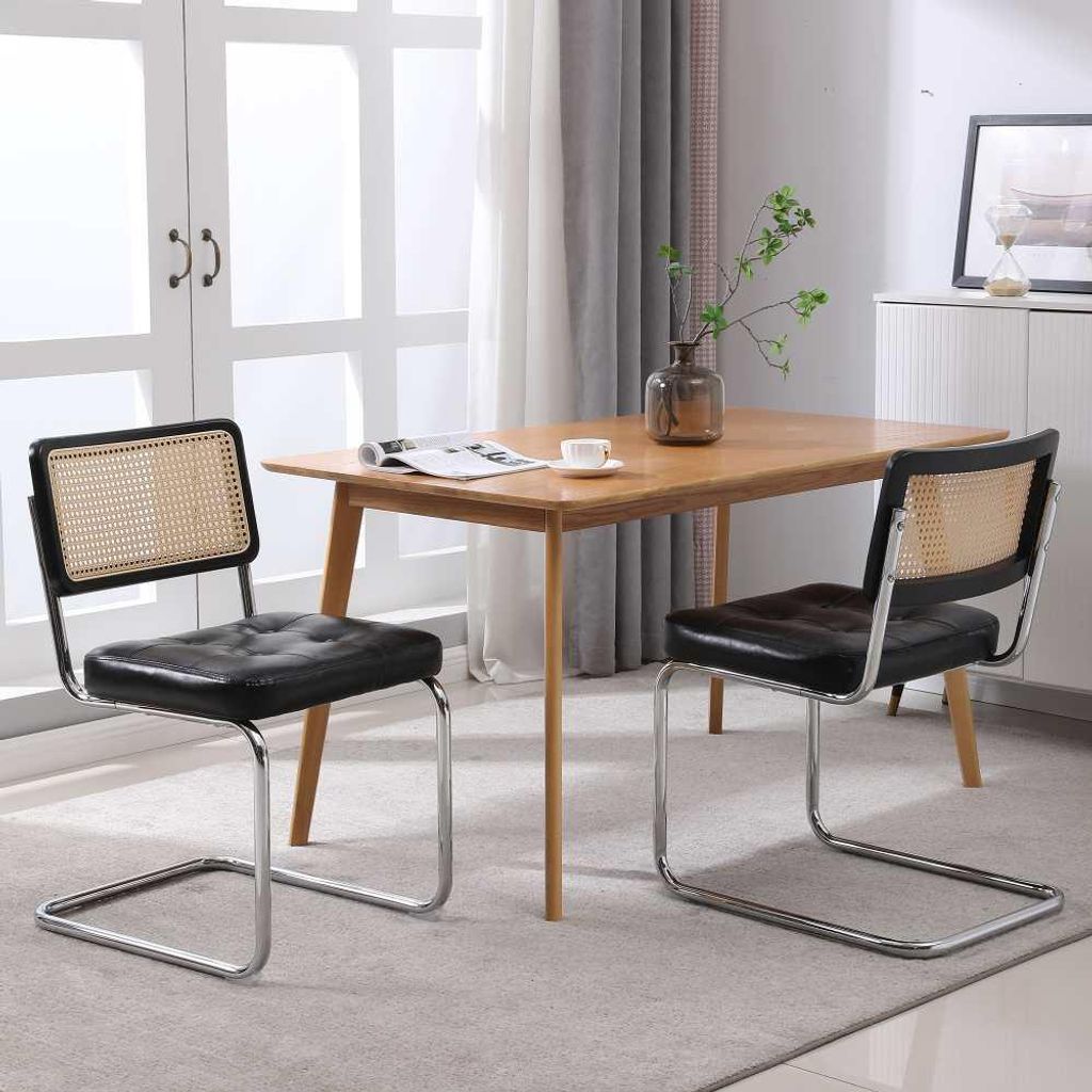 2er Set Esszimmerstühle Rattan Schwarz Modern Polster Produktbild 