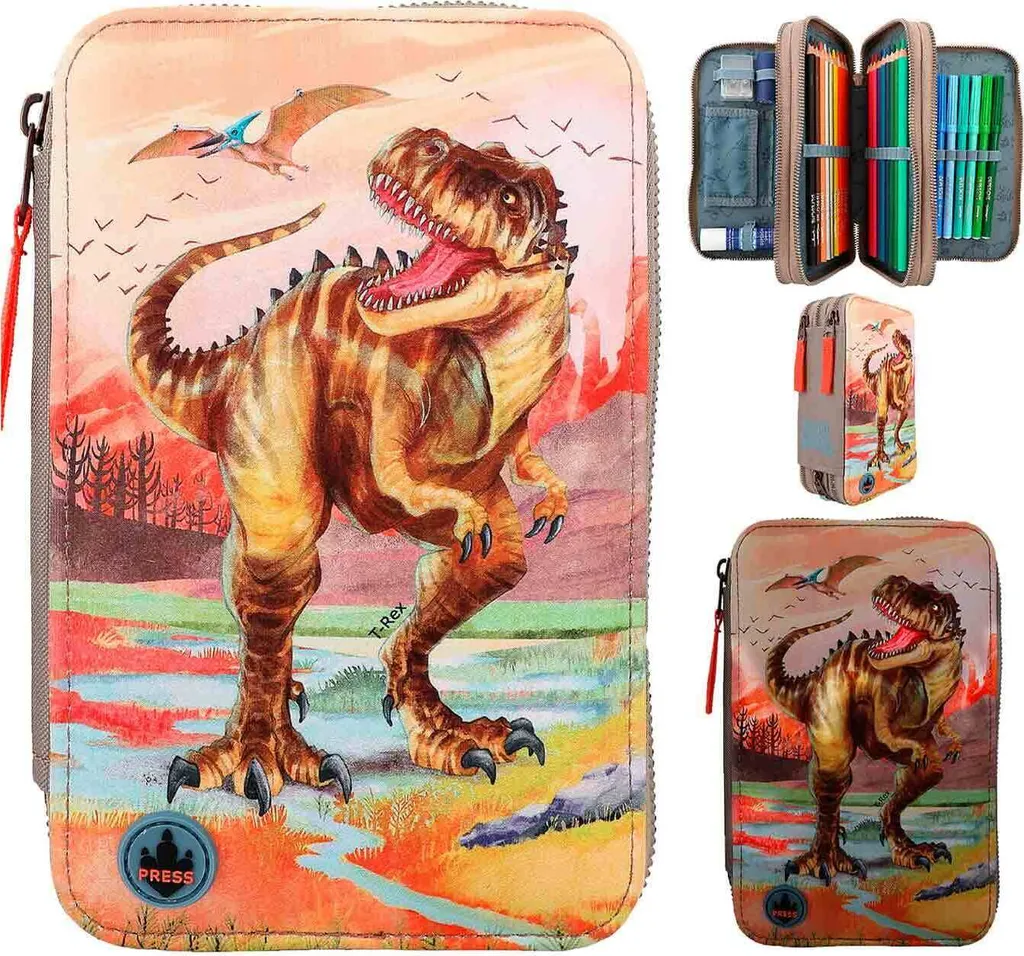 Dino World 12381 Trousse à crayons marron kaki à 3 compartiments LED