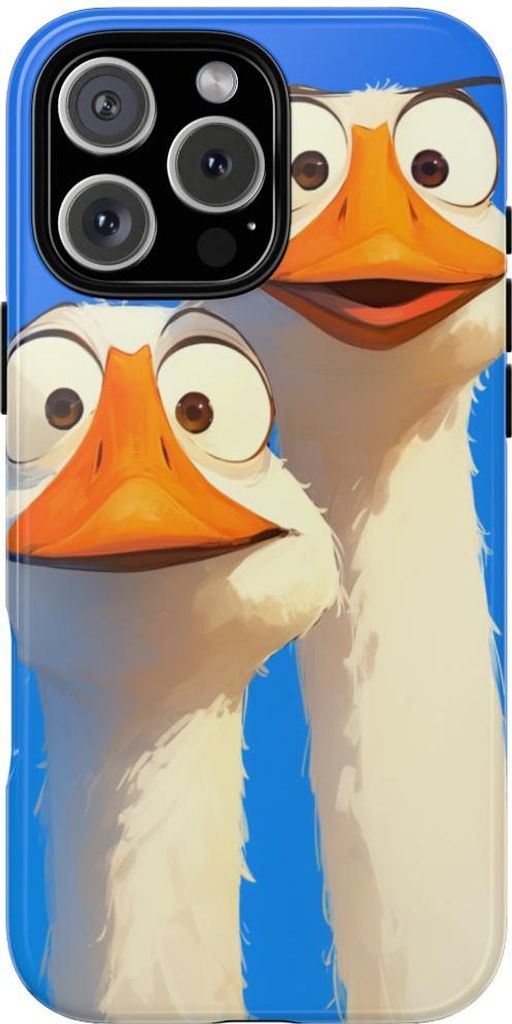 Zwei lustige Gänse mit großen Augen auf blauem Hintergrund – Hülle Kompatibel mit iPhone 16 Pro Max