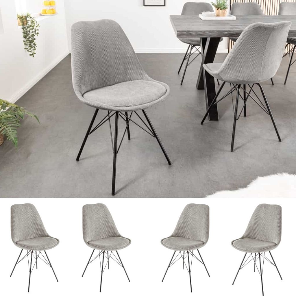 4er Set Design-Klassiker Stuhl NORWAY grau Cord Metallgestell