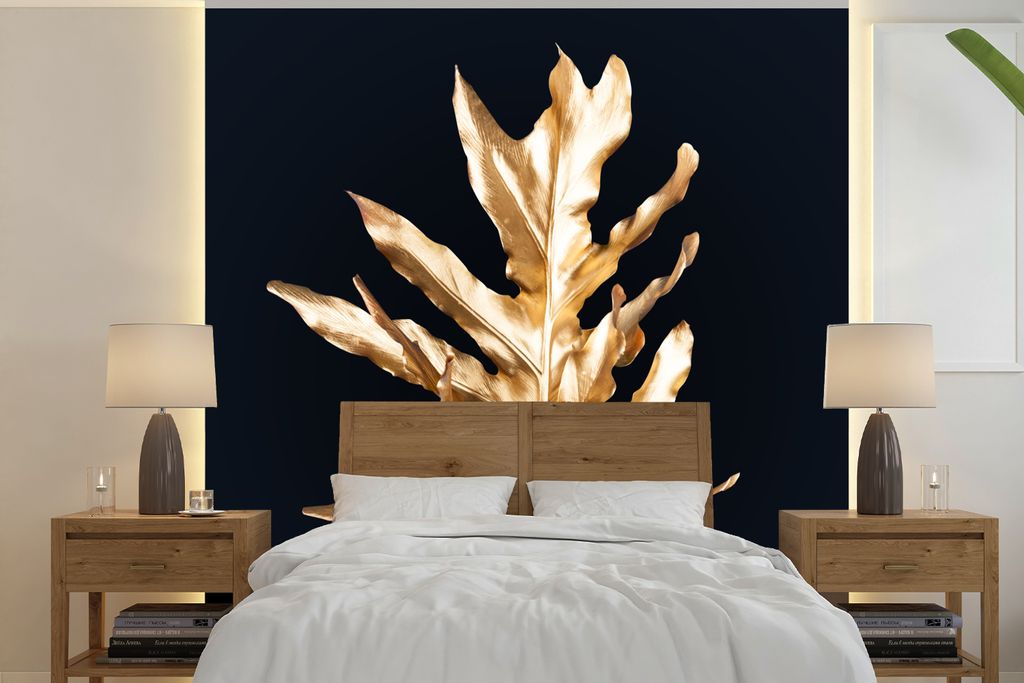 MuchoWow Fototapete für Wohnzimmer oder Schlafzimmer Wandtapete Vinyl Motivtapete Blätter - Gold - Herbst - Natur - Luxus - 300x300 cm - Wandde...