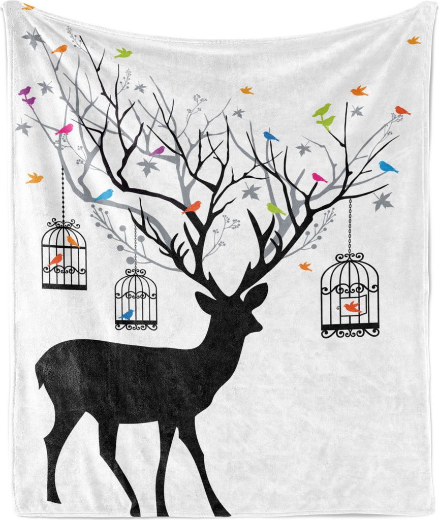 ABAKUHAUS Geweih Weich Flanell Fleece Decke, Rotwild Mit Bunten Vögeln Und Birdcages Silhouette Ornament Vintage Style Druck, 175 x 230 cm, Mehrfa...