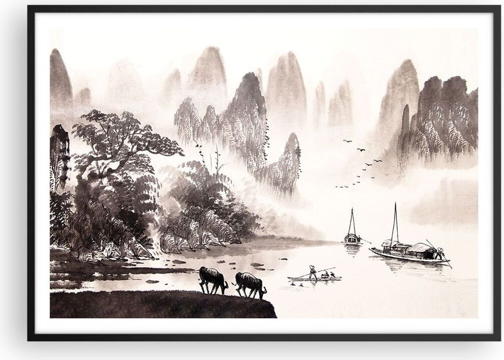 Gerahmtes Poster - Schwarzer Rahmen - Chinesisch Landschaft Aquarell - 100x70 cm - Wand Bild - Wanddeko - Wandbilder - Wandposter - Bilderrahmen - ...