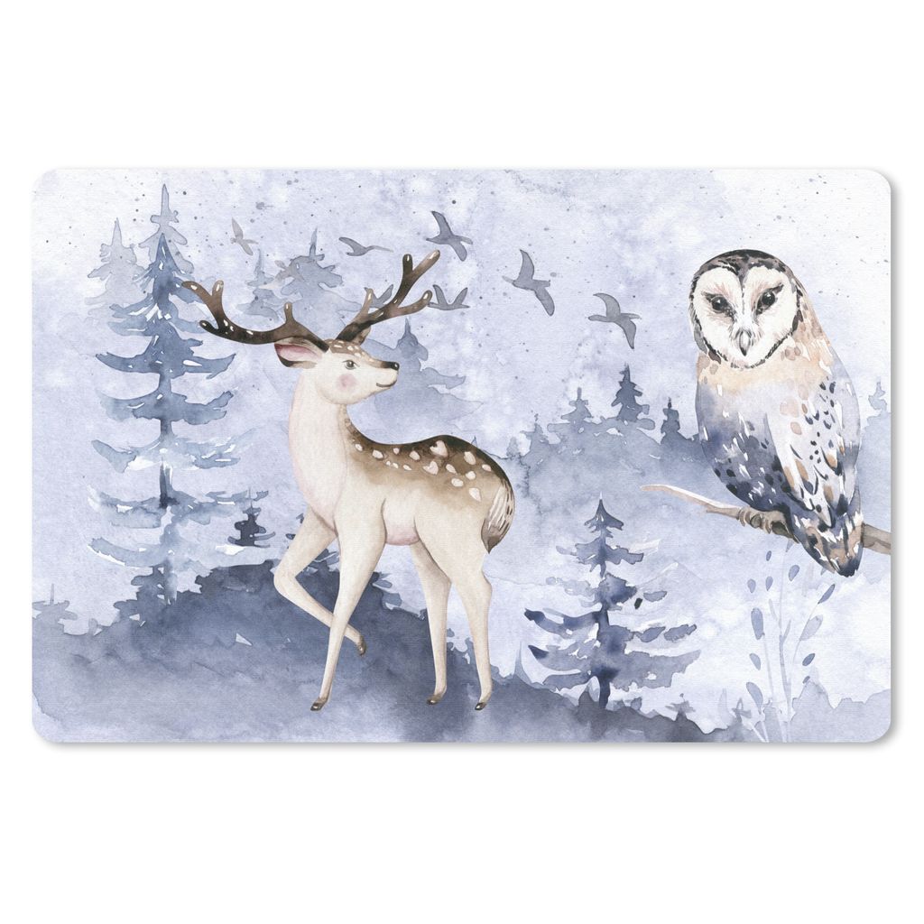 MuchoWow Schreibtischunterlage Winter - Wald - Eule - Hirsch 60x40 cm - XXL Mauspad - Großes Mauspad