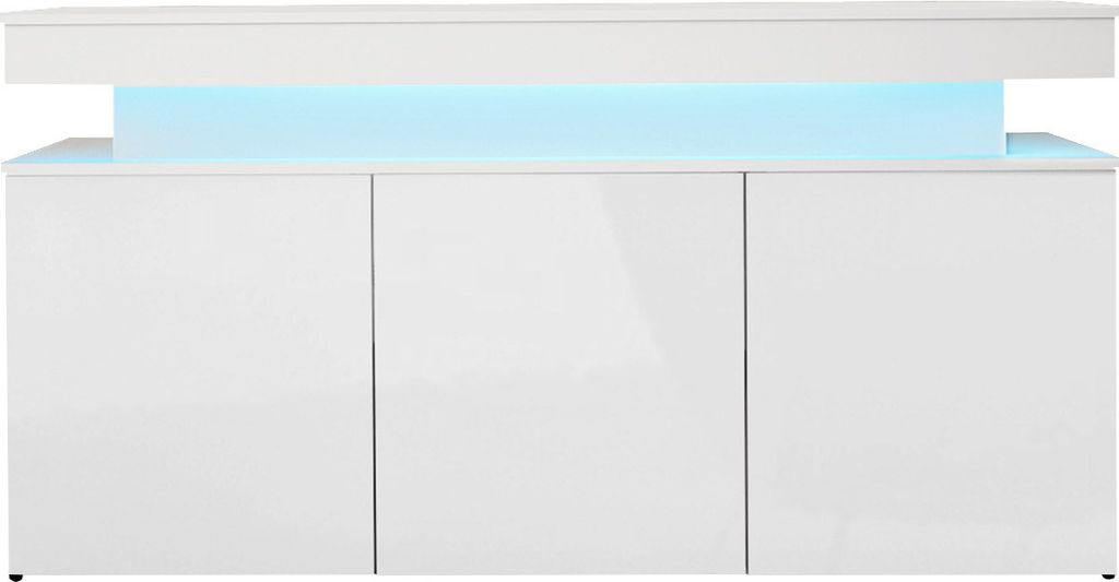 MIRJAN24 Kommode 3D 160 Glossa, Highboard mit drei Drehtüren, Sideboard mit blauer LED-Beleuchtung (Farbe: Weiß / Weiß Hochglanz)