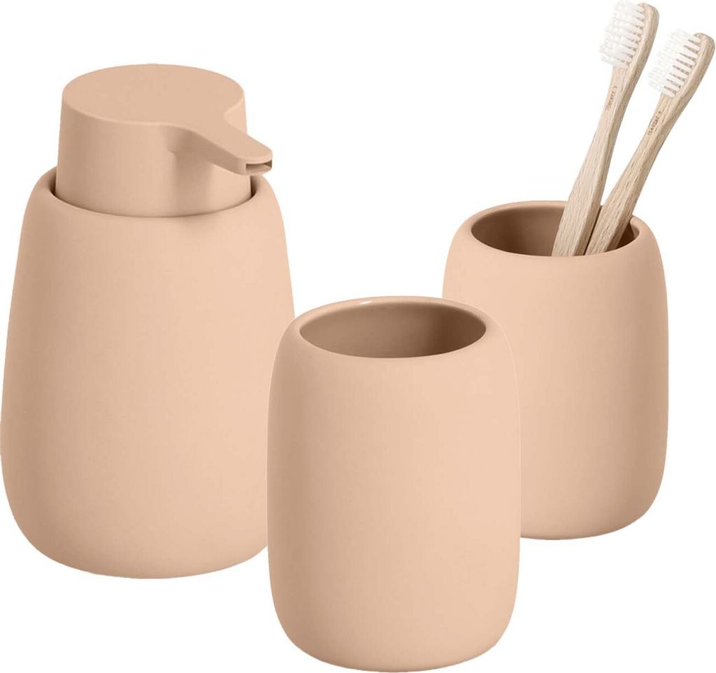 3-teiliges Badezimmer-Set Keramik mandel, Badzubehör-Set besteht aus: Seifenspender, 2x Zahnputzbecher, moderne Badausstattung von Zeller