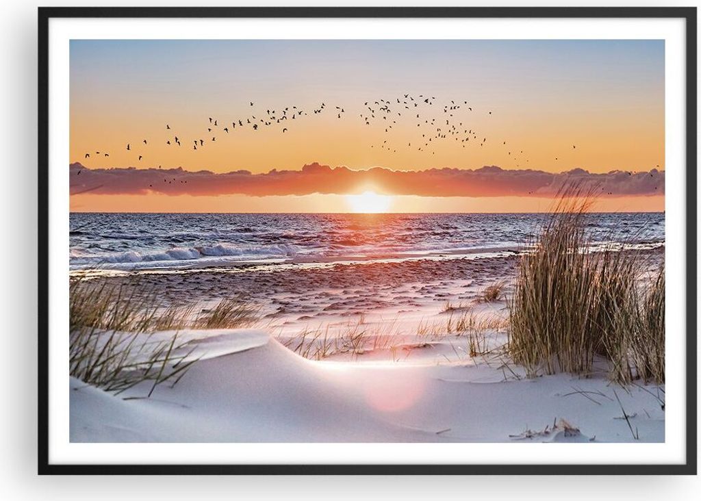 Gerahmtes Poster - Schwarzer Rahmen - Sonne Strand Vögel - 100x70 cm - Wand Bild - Wanddeko - Wandbilder - Kunstposter - Wandposter - Bilderrahmen...