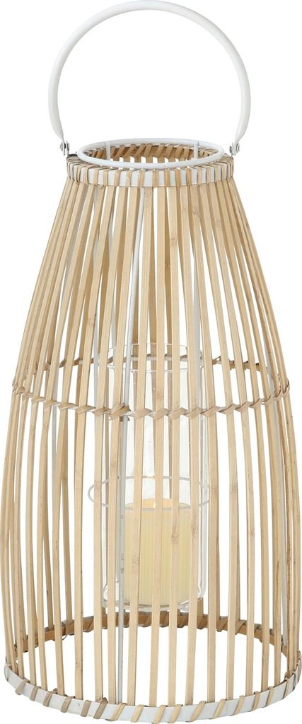 Windlicht - Braun - Weiß - Bambus - Glas - H 44 cm - mit Kerzenhalterglas