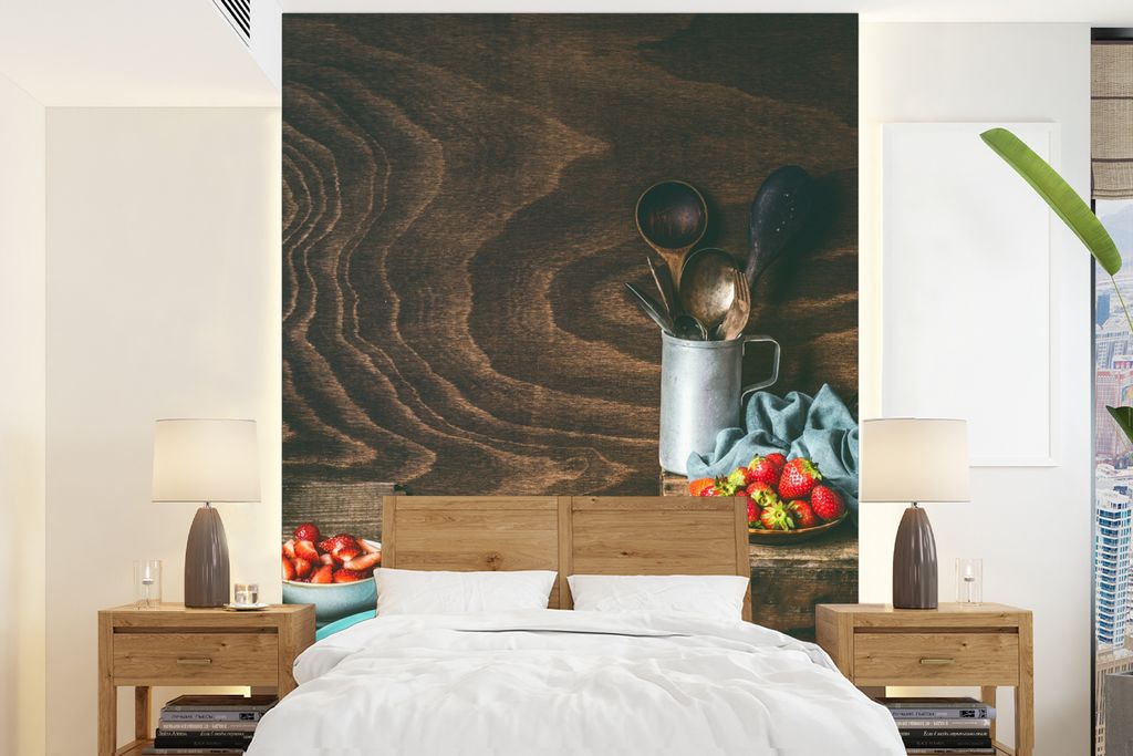 MuchoWow Fototapete für Wohnzimmer oder Schlafzimmer Wandtapete Vinyl Motivtapete Rustikal - Obst - Küchenutensilien - Erdbeere - 160x220 cm - ...