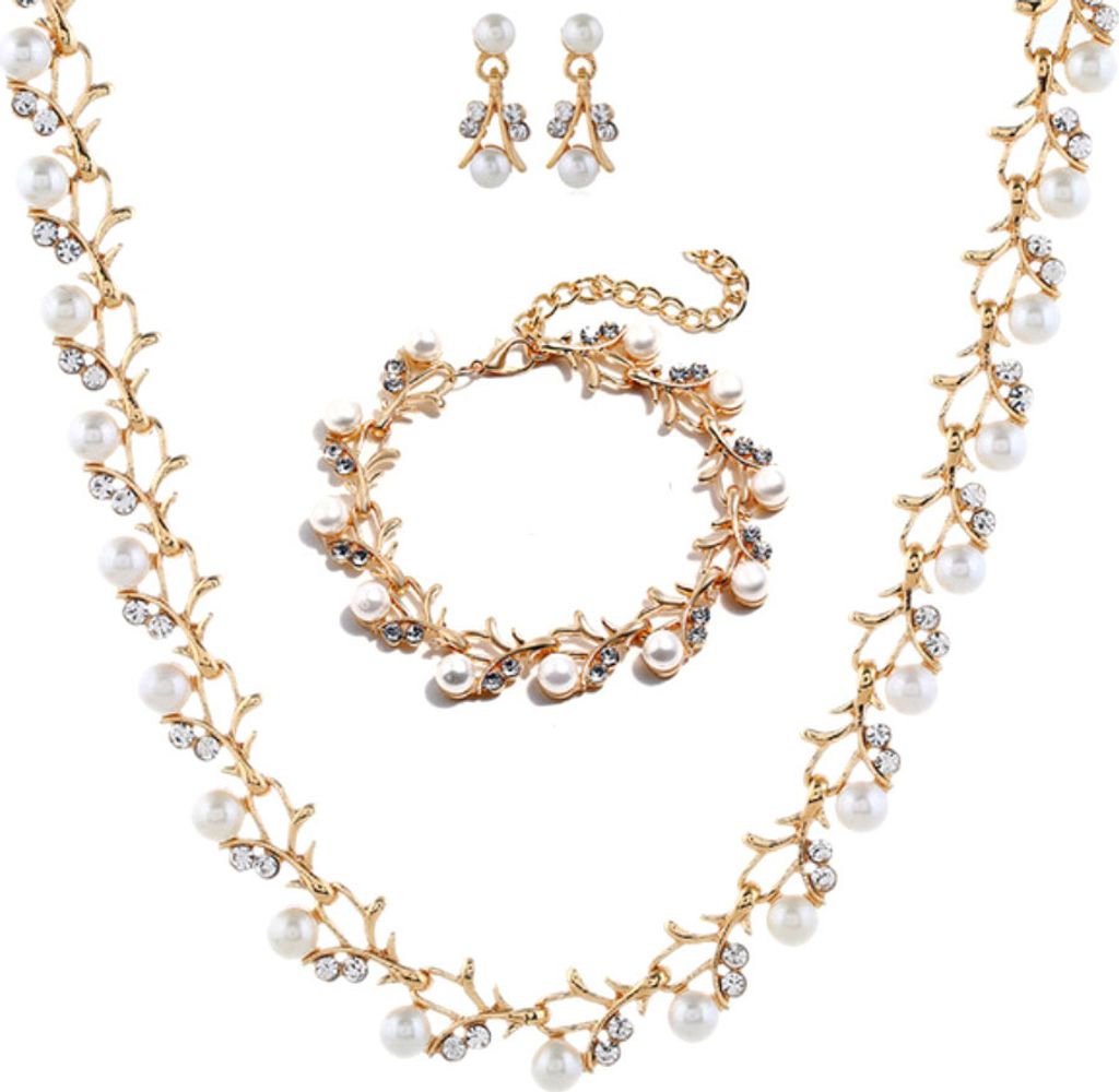 Elegante Kunstperlen-Strass-Halskette, Ohrringe, Armband, Brautschmuck, Geschenk-3pcs