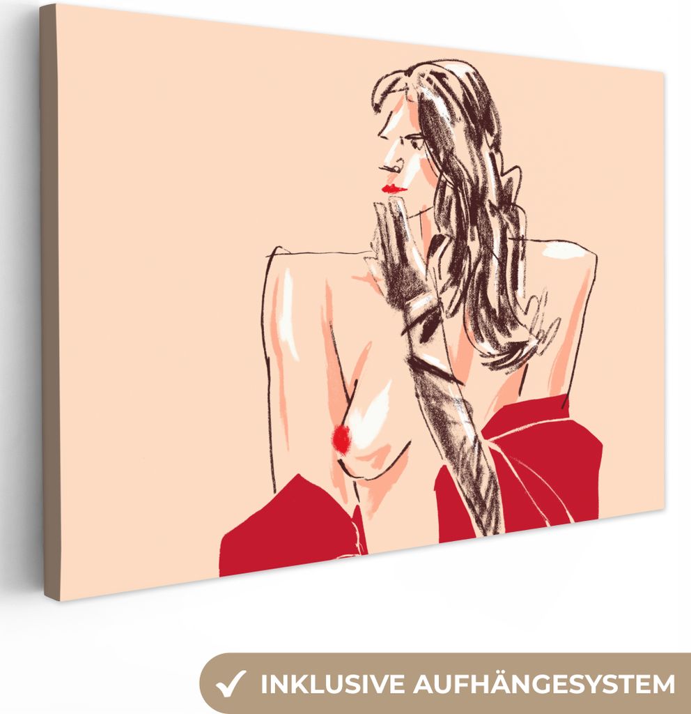 OneMillionCanvasses - Leinwandbilder - 150x100 cm, Frau - Porträt - Pastell - Rot, Wandbilder Kunstdruck Wanddekoration - Foto auf Leinwand - Ge...