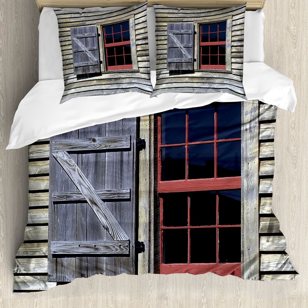 ABAKUHAUS Land Bettbezugs Set Für Doppelbetten, Village Cottage Fensterladen, Milbensicher Allergiker geeignet mit Kissenbezügen, Rotbraun