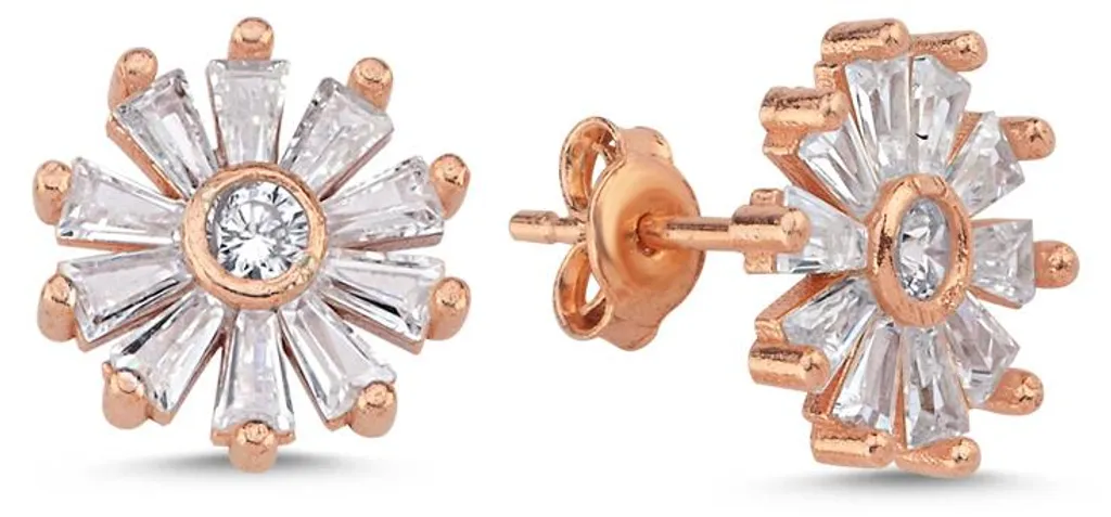 Boucles fleurs argent rhodié rose et zirconium baguette étincelant