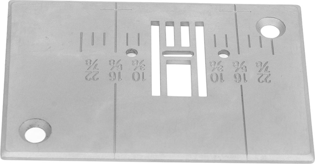 A close-up studio shot of a sewing machine needle plate.