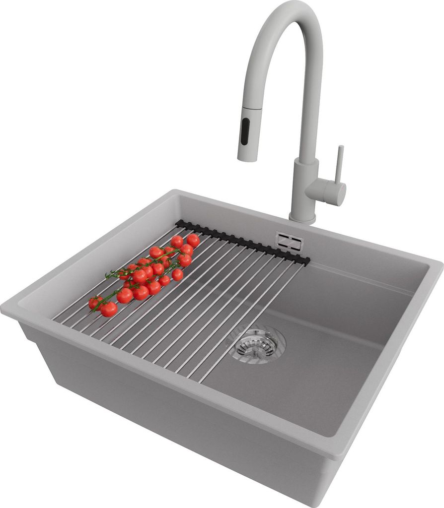 PRIMAGRAN Unterbauspüle Granit Grau 56x47cm, Spülbecken 1 Becken + Ablauf-Set + Küchenzubehörset, Granitspüle ab 60er Unterschrank - Praga
