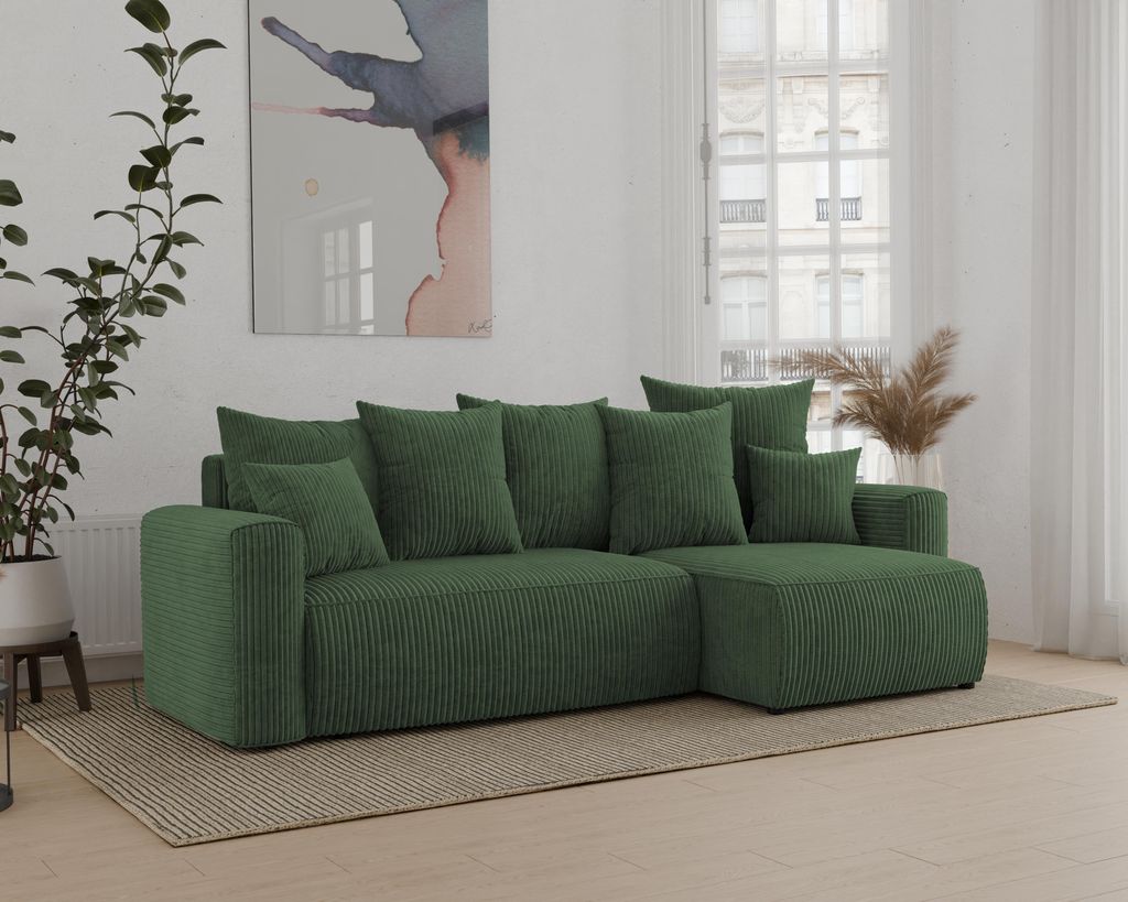 Ecksofa mit Schlaffunktion, ANTONIO DENVER - 238x142x73cm, Ottomane rechts/links, L-Form, Schlaffunktion & Bettkästen - Grün