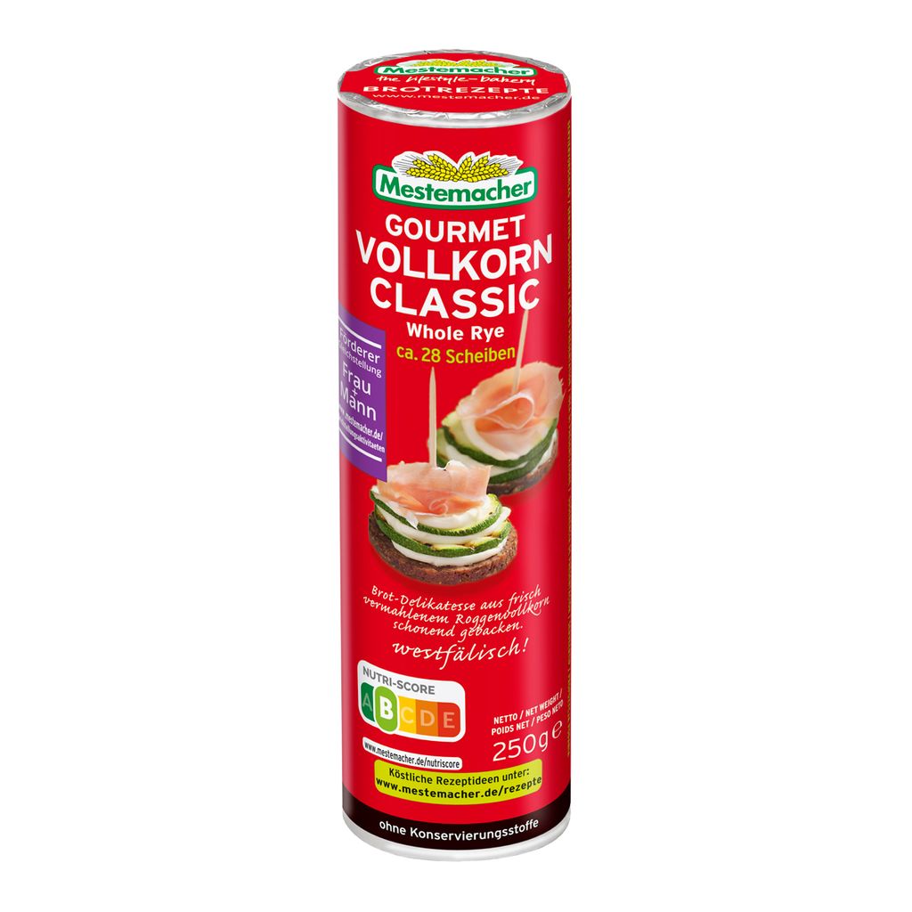 A red cylindrical package of Mestemacher Gourmet Vollkorn Classic bread.