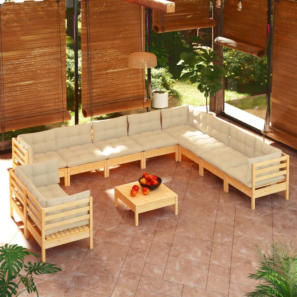 The Living Store 11-tlg. Garten-Lounge-Set mit Creme Kissen Massivholz Kiefer