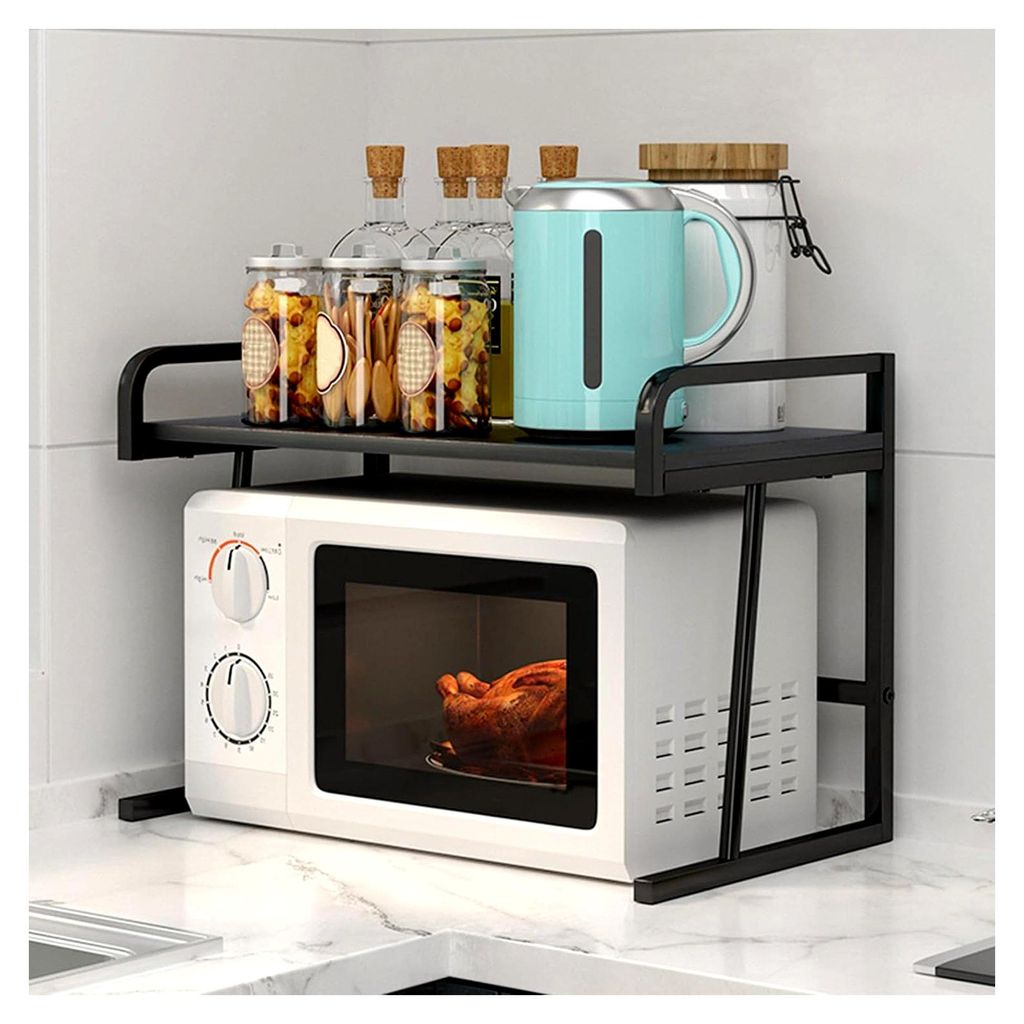Mikrowellenregal mit 5 Haken, platzsparender Küchenorganizer aus Metall, Druckerständer für Zuhause, Büro und Schreibtischaufbewahrung (schwarz)