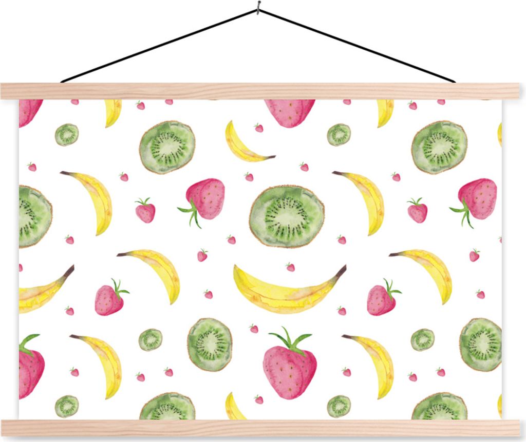 MuchoWow Textilposter Obst - Aquarell - Weiß - Muster 60x40 cm mit holzfarbenen Rahmen - Bilder