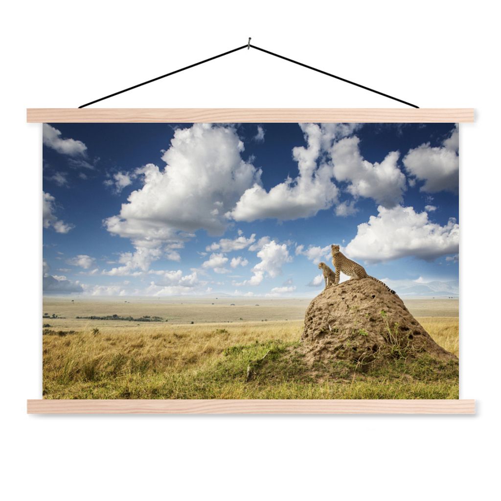 MuchoWow Textilposter Geparden - Steine - Gras 120x80 cm mit holzfarbenen Rahmen - Aufhängeset