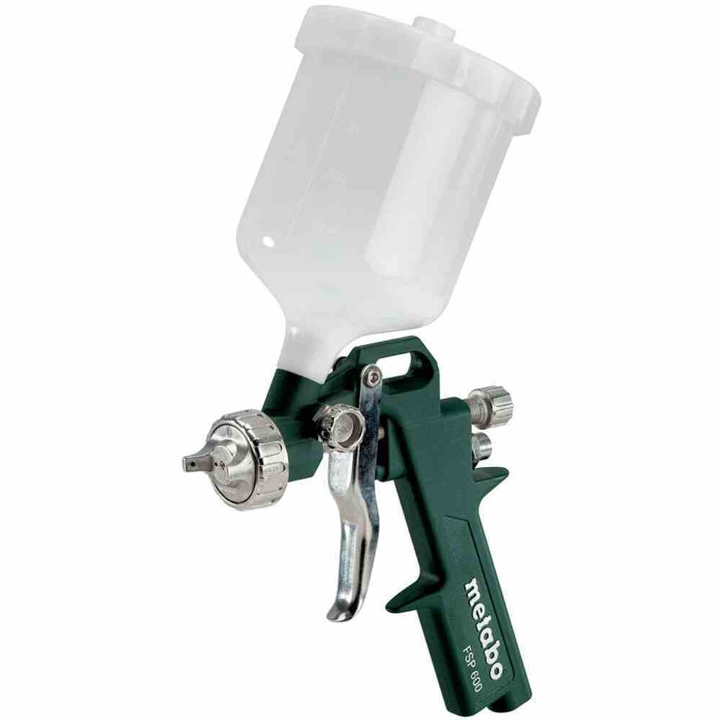 A green and silver spray gun with a white plastic cup on top, isolated on a white background.