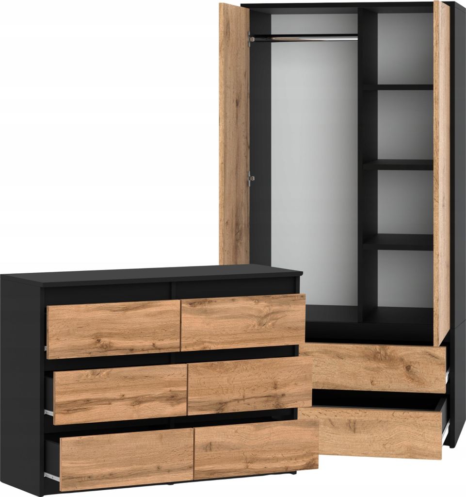 A black and wood dresser and wardrobe set.