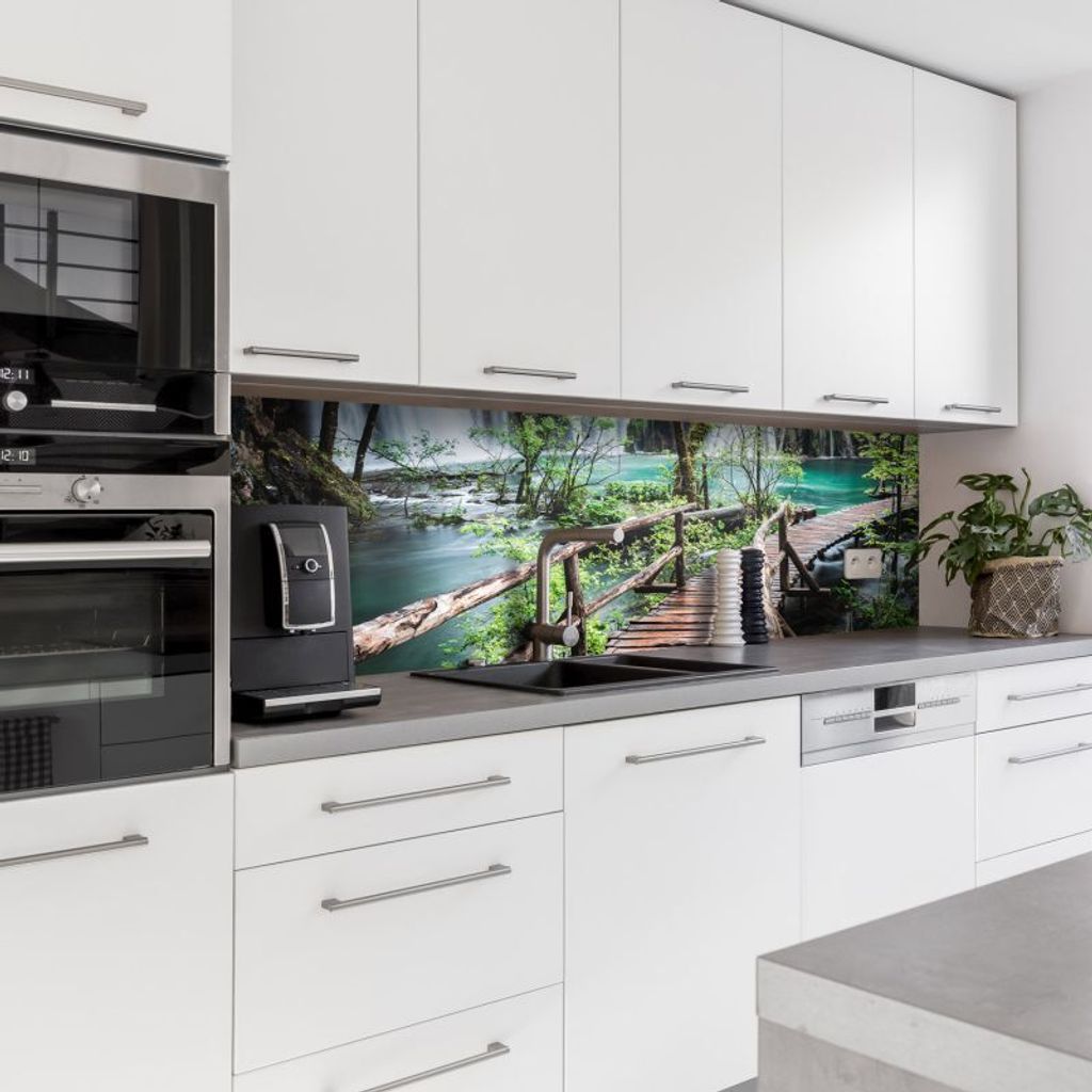 Dedeco Küchenrückwand Motiv: Wasserfall V2, 3mm Aluminium Alu-Platten als Spritzschutz Küchenwand Verbundplatte wasserfest, inkl. UV-Lack glänz...