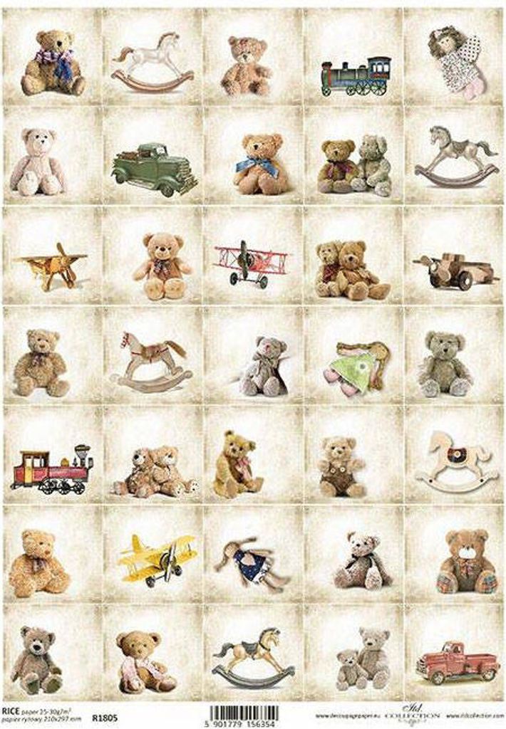 ITD Reispapier Decoupage Bastelpapier Softpapier, R1805 Spielzeug-Teddybären