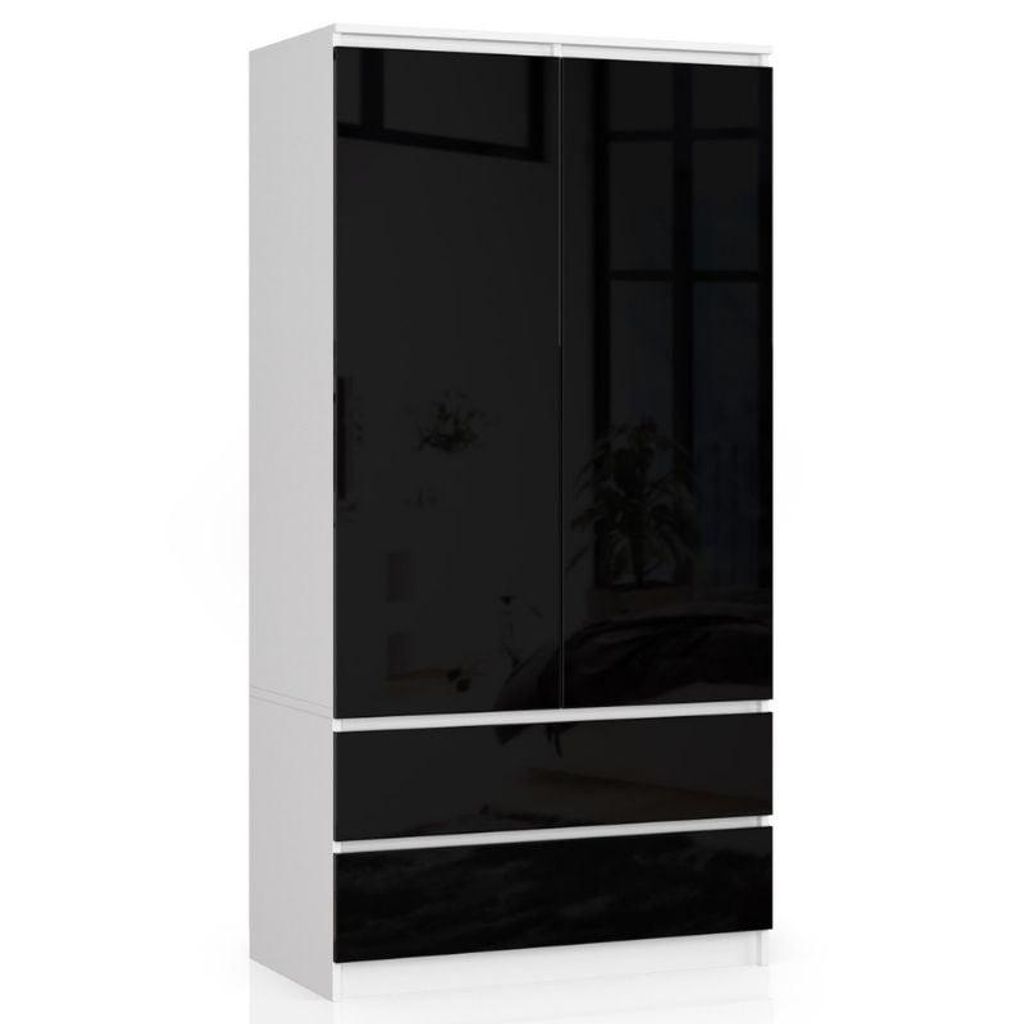Kleiderschrank – Schlafzimmerschrank mit Kleiderstange – Weiß / Schwarz Hochglanz – 90 cm – Eleganter Drehtürenschrank mit 2 Türen und 2...