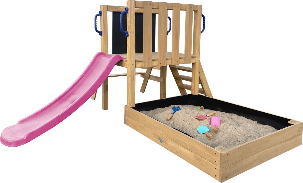 AXI Leah Mini Spielturm aus Holz in Braun mit lila Rutsche | Kleiner Spielturm für Kinder mit Sandkasten, Picknicktisch und Kreidetafel | Spielger...