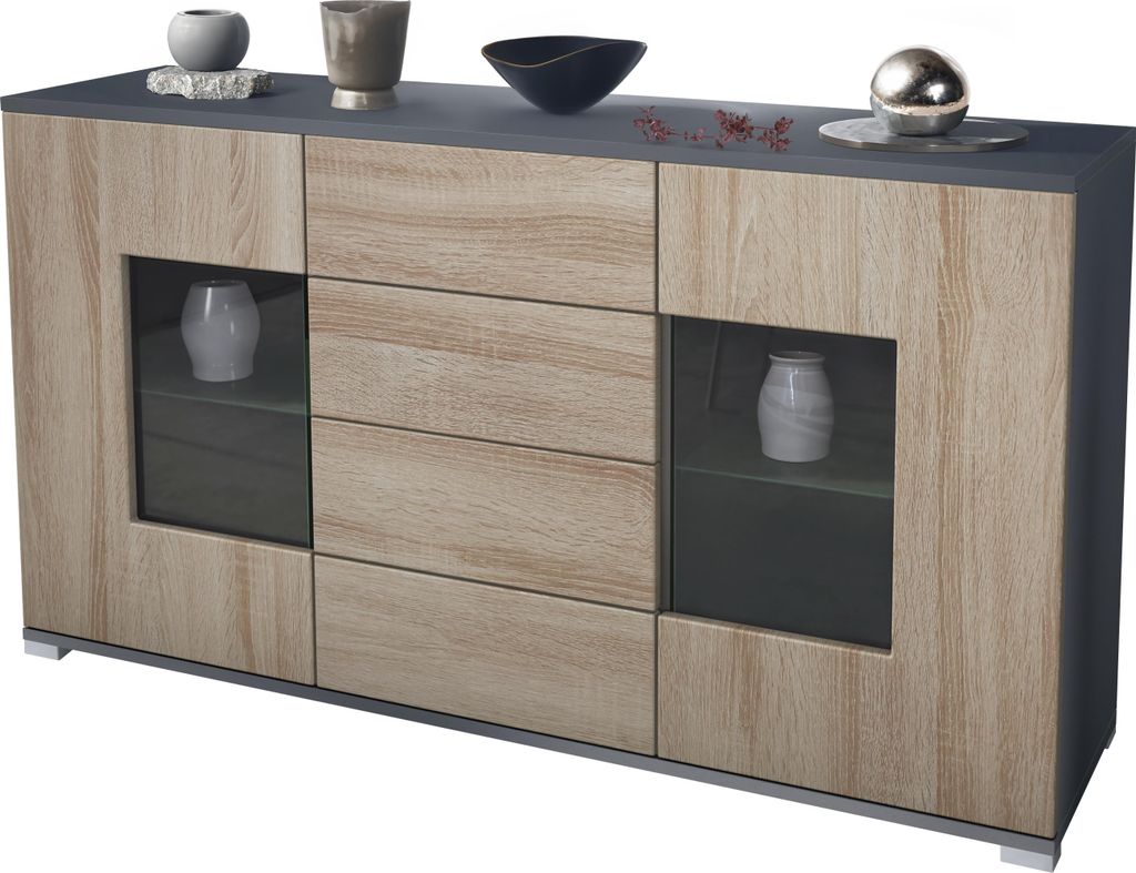 Vladon Sideboard Grömitz V1, Kommode mit 2 großen Türen und 4 Schubladen, Anthrazit matt/Eiche sägerau (138,5 x 75,5 x 35)