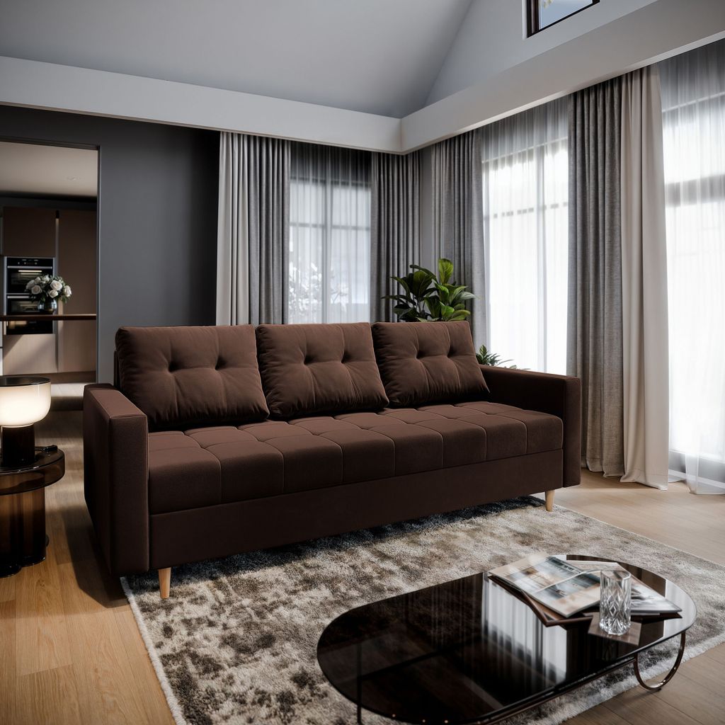 Sofa MILO Braun Plüsch-Stoff mit Schlaffunktion, Sofa mit Bettkasten, Sofa mit Bettkasten, Wohnzimmersofa, Couch, Soffa, Bettsofa, Couchgarnitur- ...