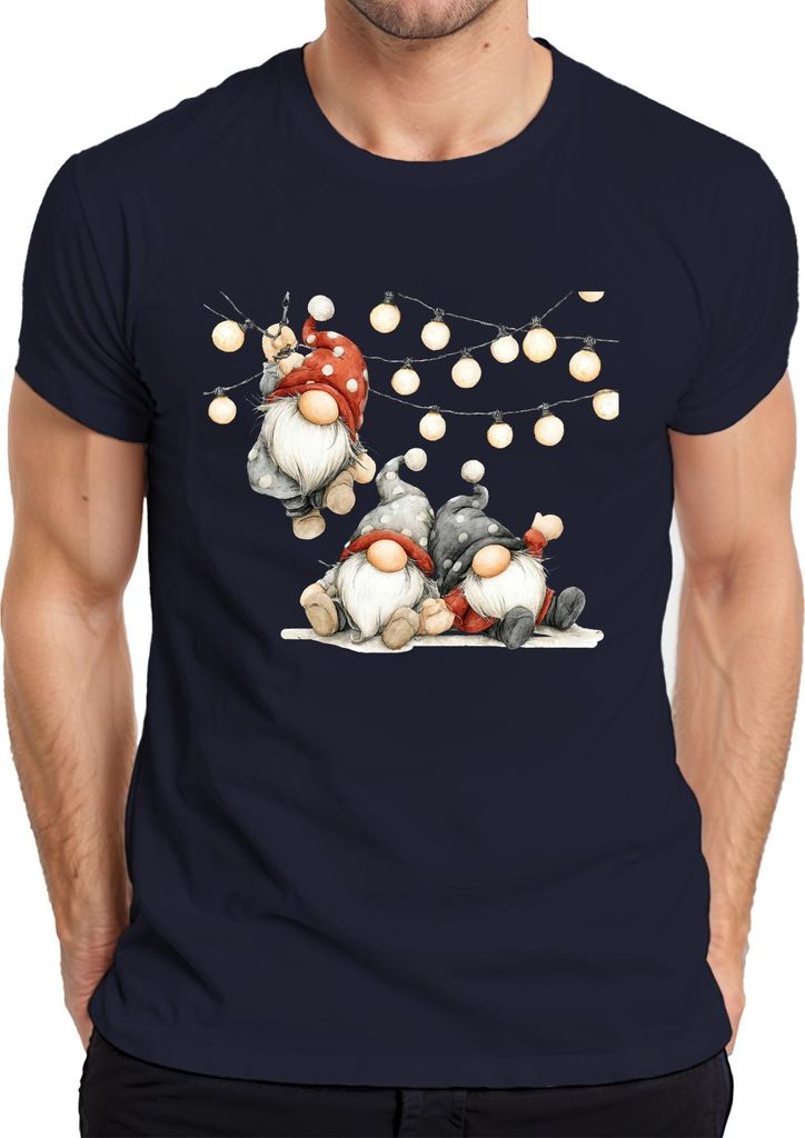 Weihnachtswichtel Lichterkette niedlich skandinavisch Geschenk Herren T-Shirt, Navy, XXL