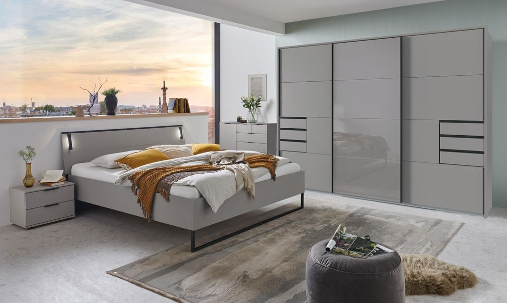Schlafzimmer-Set >Tilburg< (5tlg.) Bett 168x92x210cm, Schrank, Kommoden, Saharagrau / Grafit