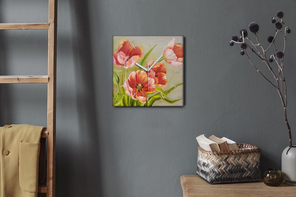Coloray Hodiny Unikátní 30x30 cm Tiché hodiny Pro obývací pokoj a kuchyň Nástěnné hodiny Plátno Bílé ručičky hodin - Květiny rostlin...
