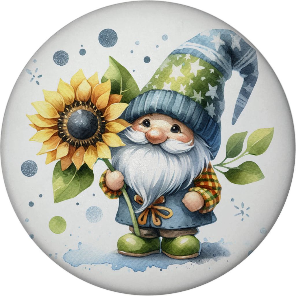 Gartenzwerg mit Sonnenblume Magnet rund Produktbild 