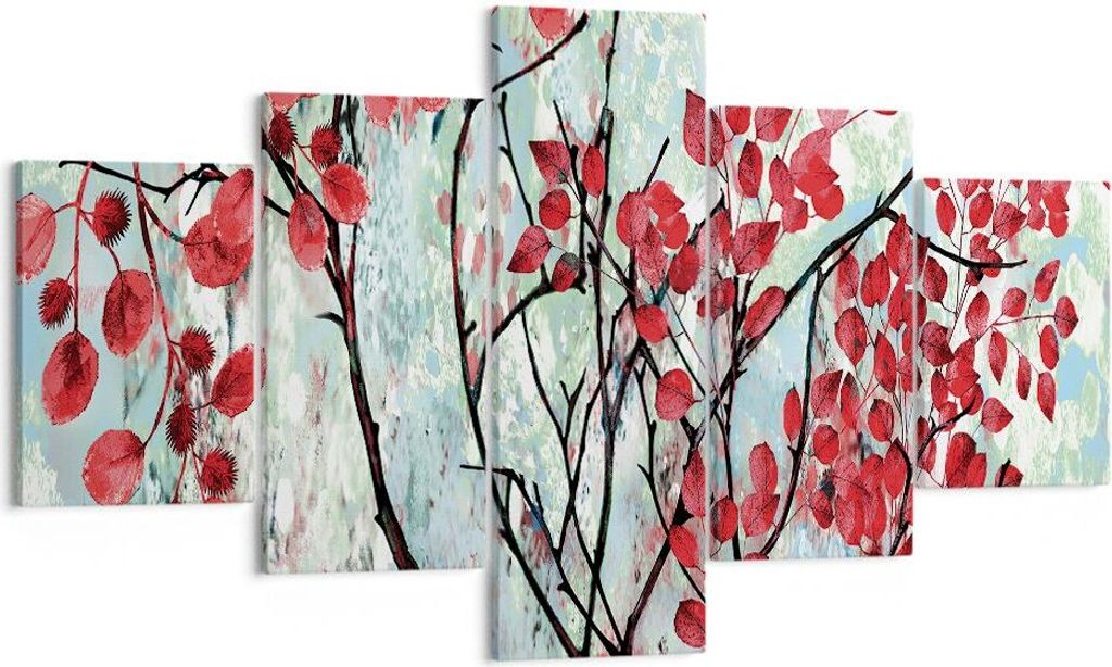 Bild auf Leinwand - Leinwandbild - 5 Teile - Rot Blätter Zweige - 125x70cm - Wand Bild - Wanddeko - Wandbilder - Leinwanddruck - Bilder - Wanddeko...