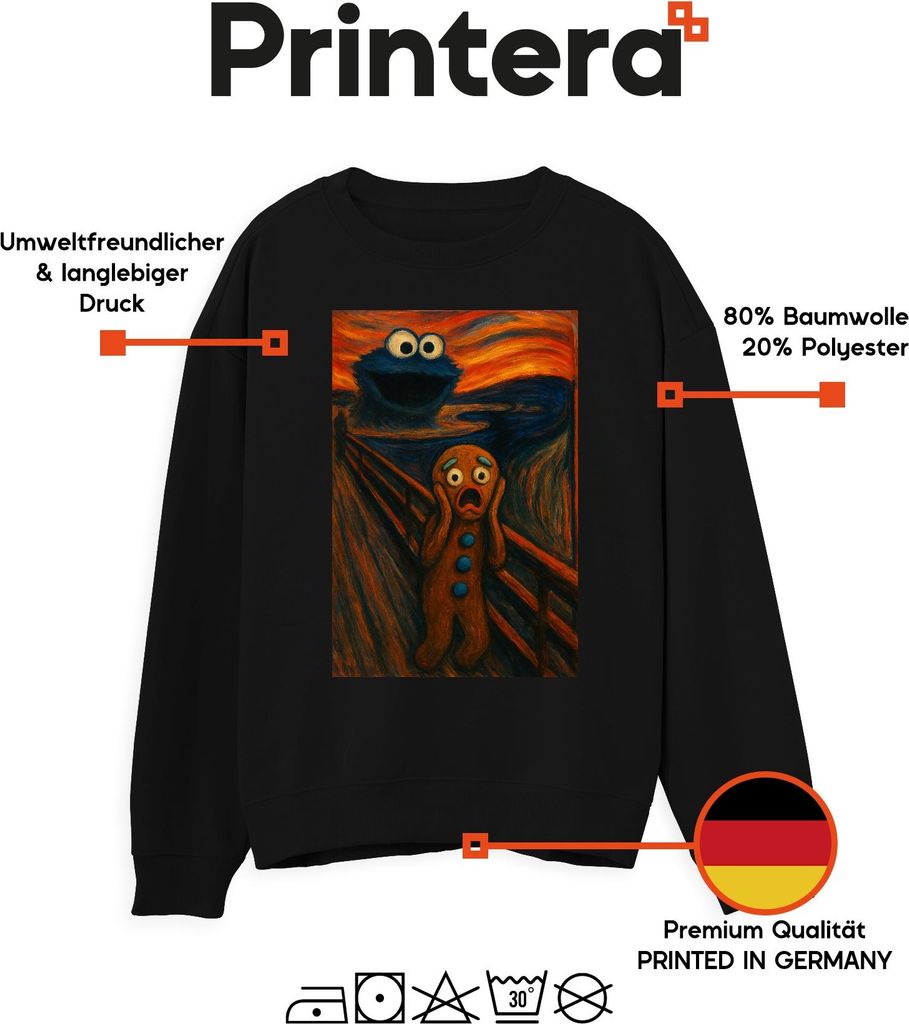 Lebkuchenmann Schrei Keksmonster Abendrot Grusel Karneval Fasching Uni Sweatshirt Pullover, Schwarz, 3XL