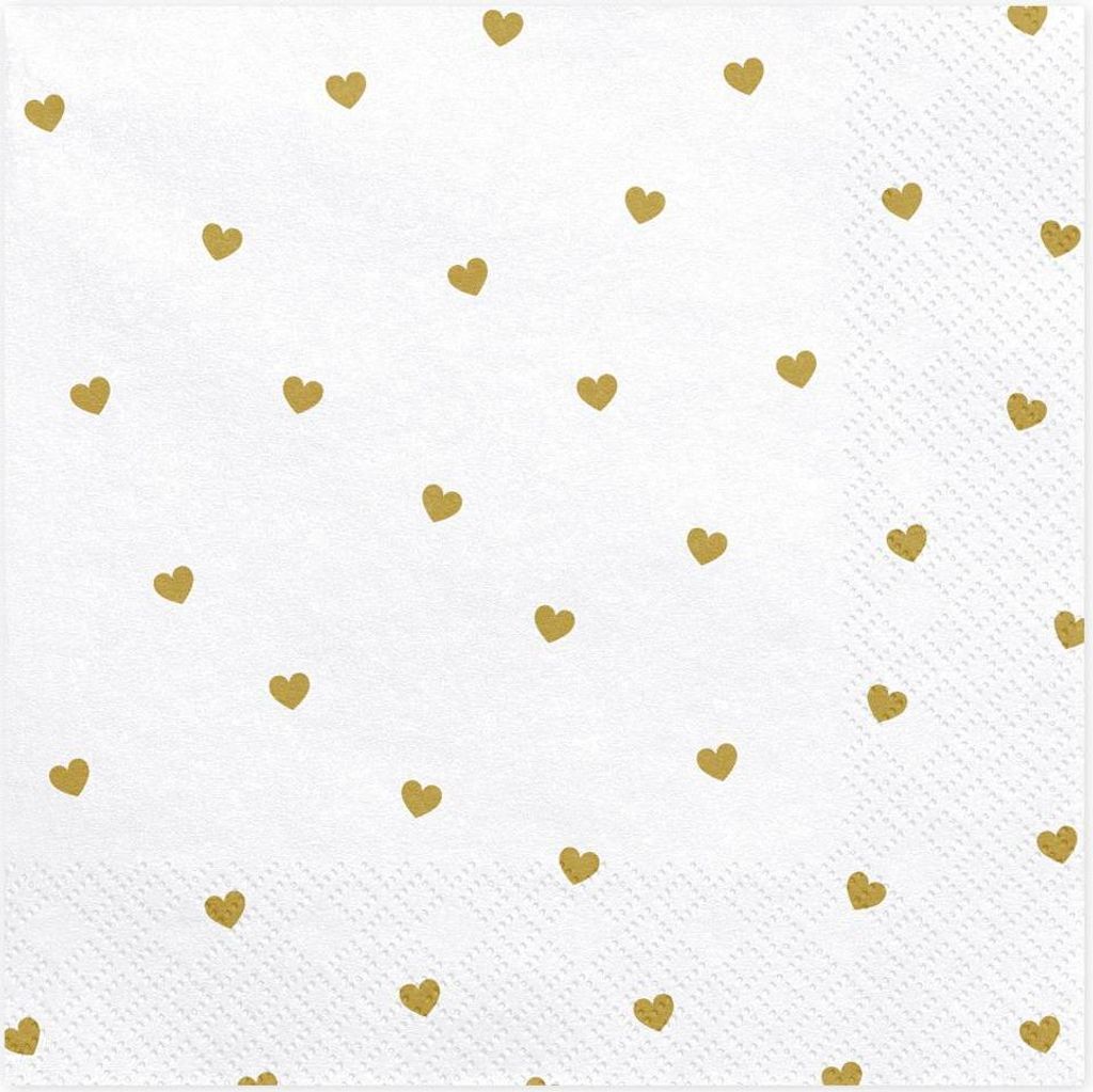 Servietten Herzen 33x33cm 20 Stück, weiß / gold Produktbild 
