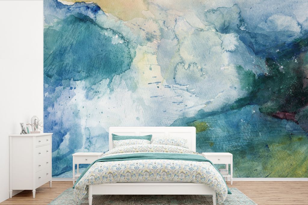 MuchoWow Fototapete für Wohnzimmer oder Schlafzimmer Wandtapete Vinyl Motivtapete Meer - Sturm - Aquarell - 525x350 cm - Das Hintergrundbild