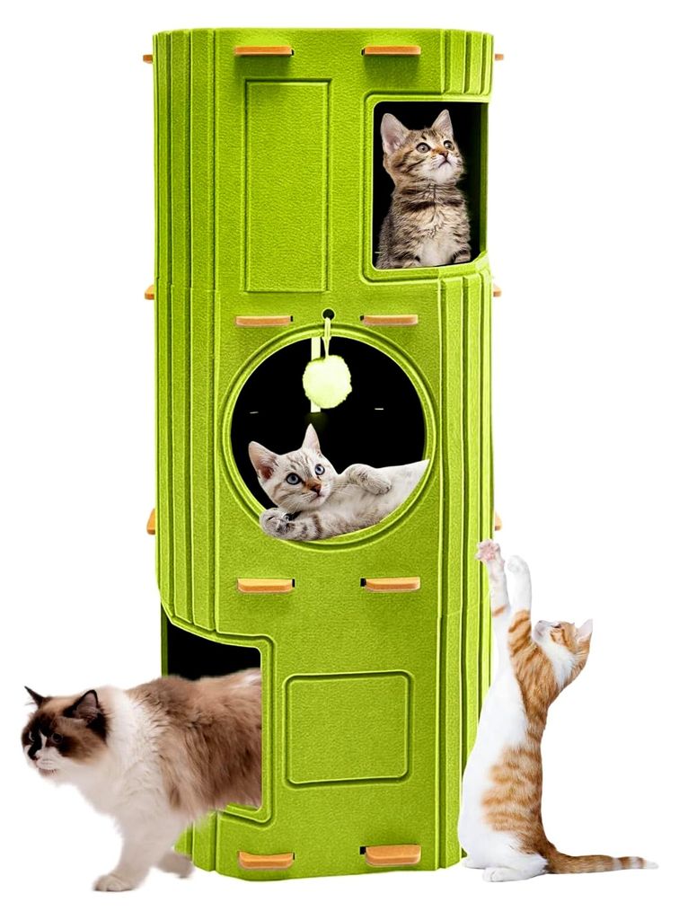 3-stöckiges großes Katzenhaus für Innenkatzen, gemütliche Filz-Katzenhöhle mit Tunnelversteck, Mehrkatzenkonsole für Ruhe und Spiel (Grün, G...
