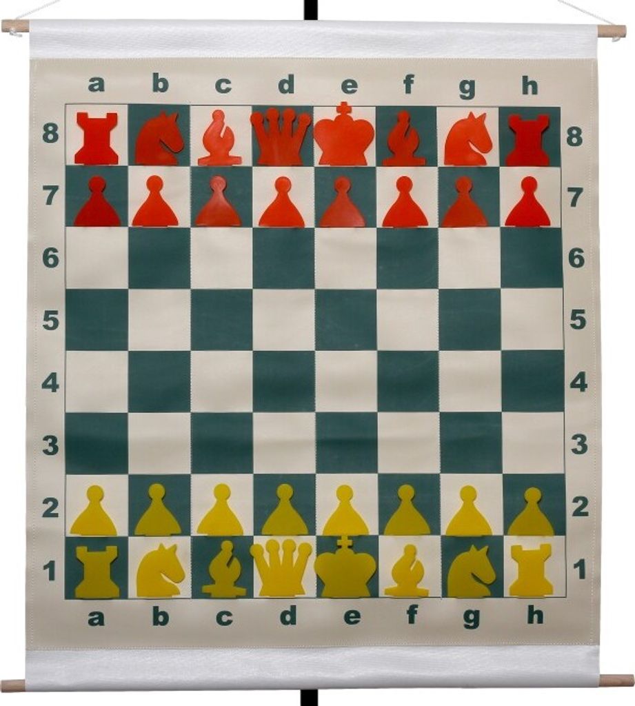 A chess board with red and yellow pieces set up for a game.