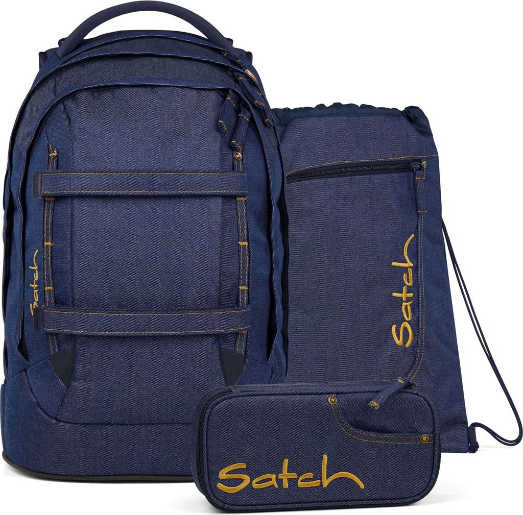 A set of three denim blue school bags, including a backpack, a drawstring bag, and a pencil case, are displayed against a white background.