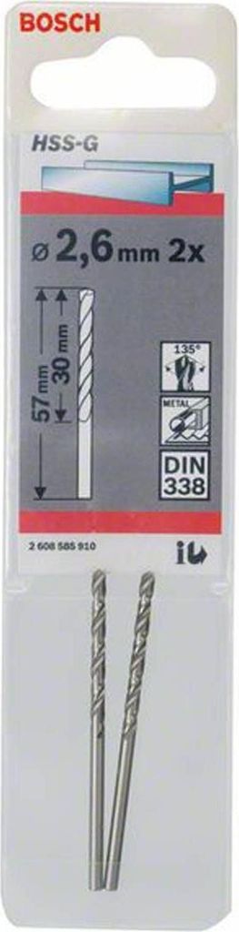 Forets à métaux HSS-G, DIN 338, 2,6 x 30 x 57 mm, lot de 2 Image du produit 