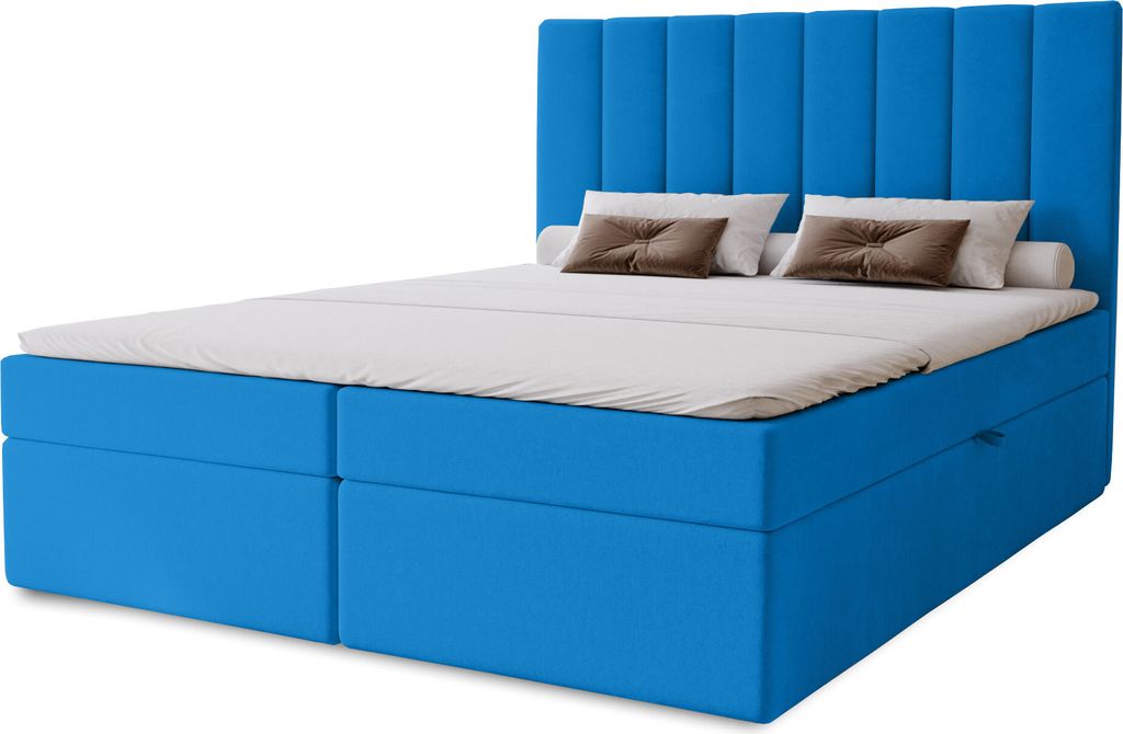 Boxspringbett Nero mit 2 Bettkästen, 160x200, Farbe: Hellblau, Velourstoff, Doppelbett mit Bonell-Matratze inkl. Topper