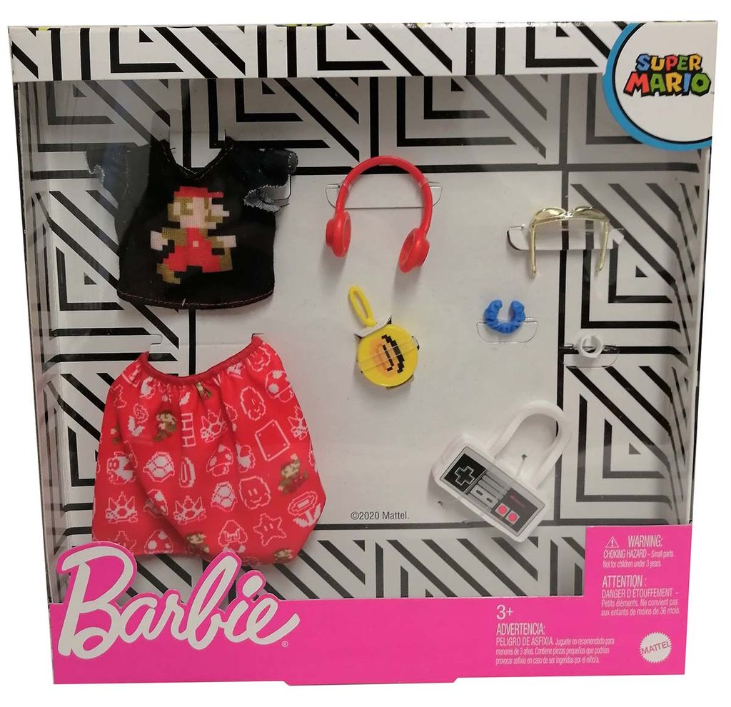 Mattel GJG46 Barbie Fashion Super Mario Outfit Top und Rock mit Accessoires im Super Mario Bros. Look