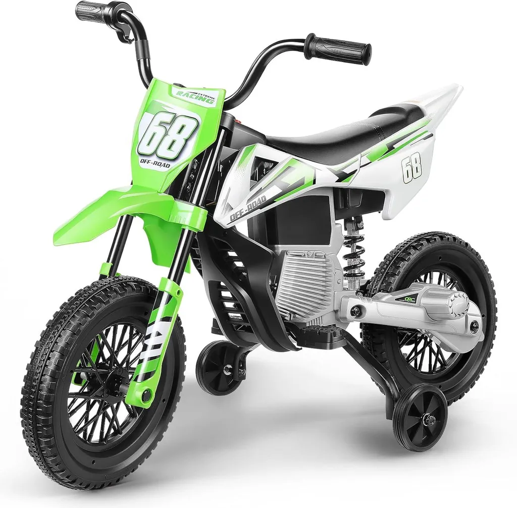 Motocyclette électrique enfant 12V 5km/h verte avec roues d'appui